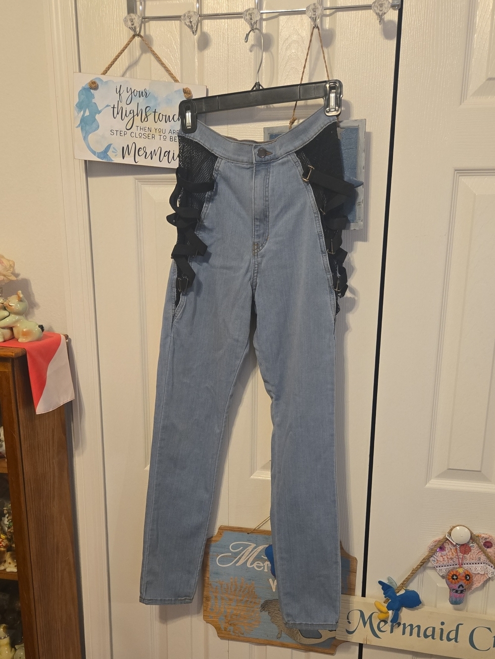 Fashion Nova Light Blue High-Rise Jeans with Black Strap Trim